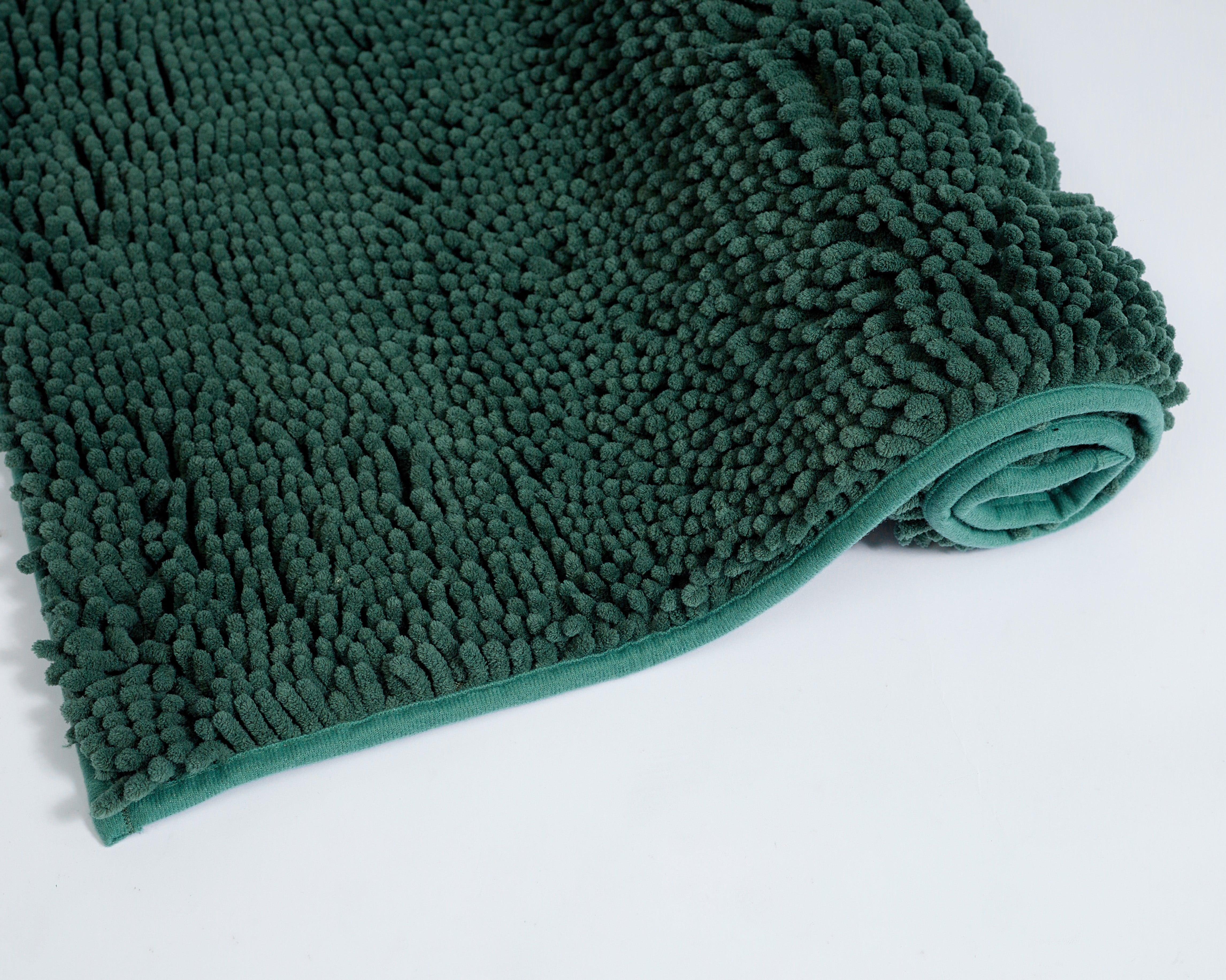 Mily Bath Rug in dark green, showcasing its soft, plush texture and non-slip backing.