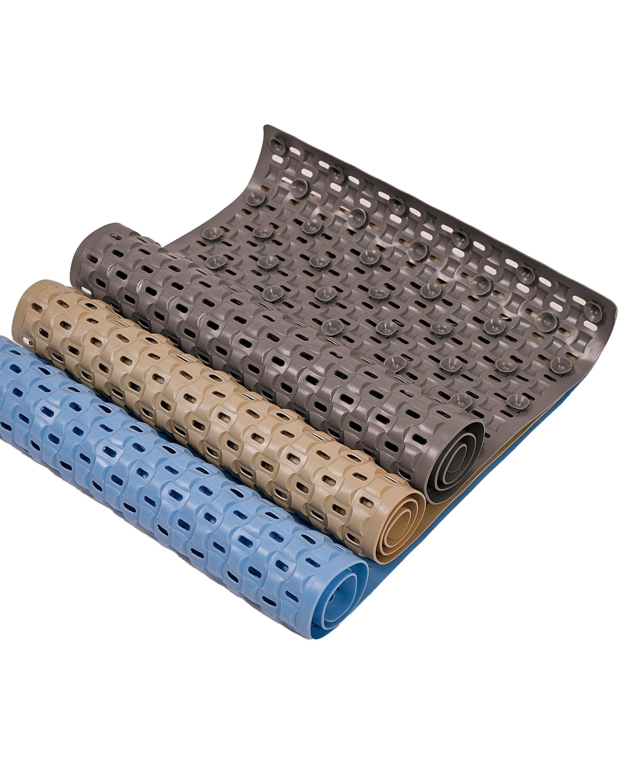 Anti-slip tub mats in blue, beige, and grey for bath and shower safety and durability