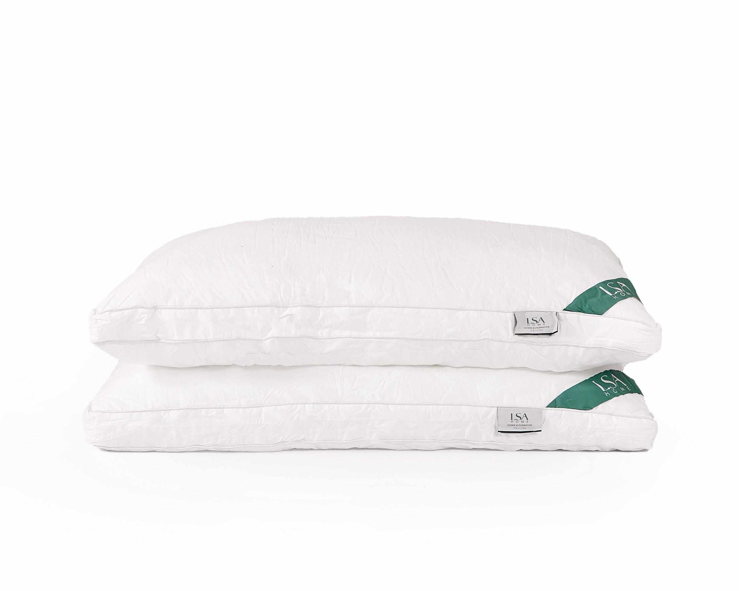 Alternative pillows in pairs with a soft, down-like feel and hypoallergenic hollow fiber filling.