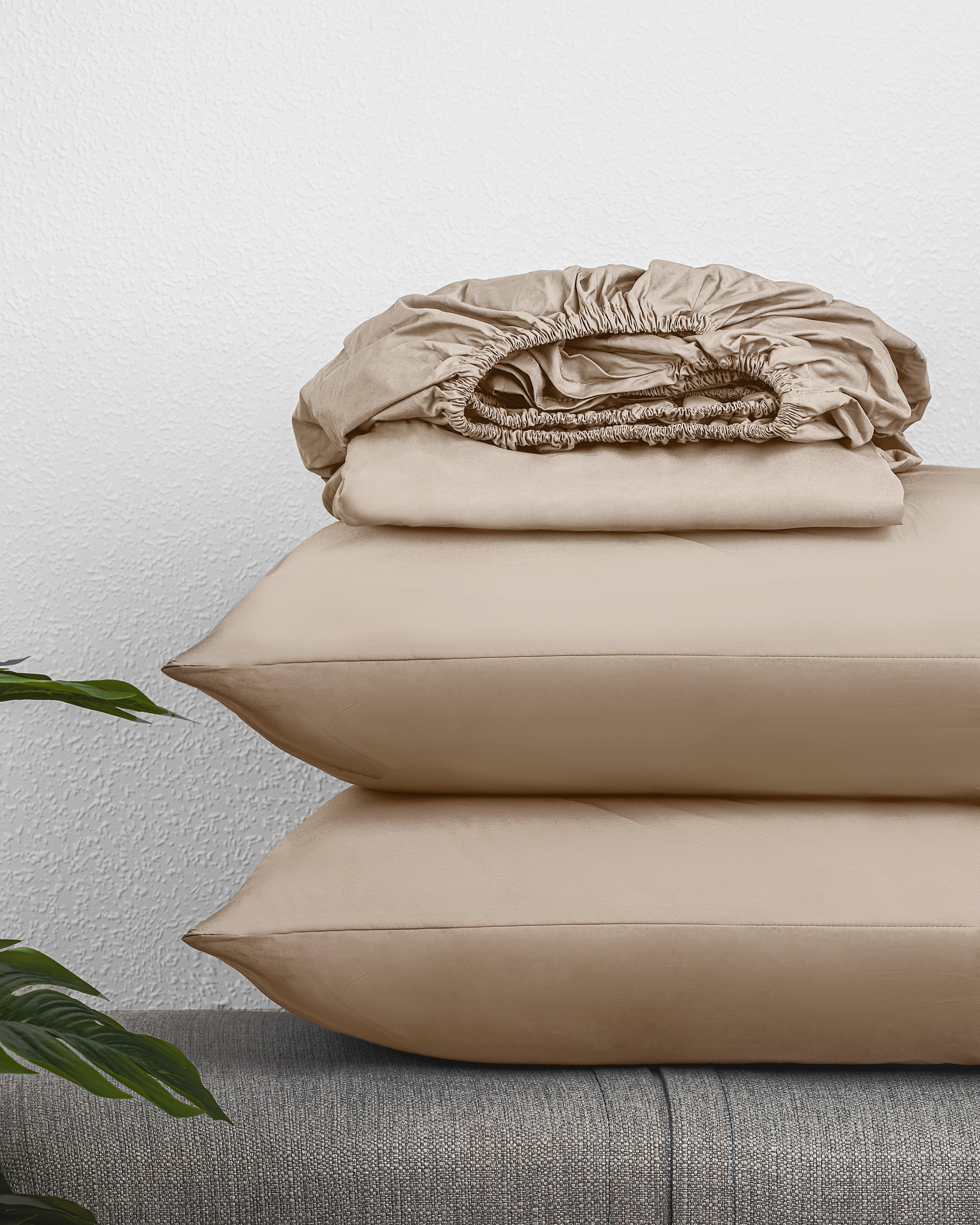 Regal Collection Fitted Sheet Set in beige with two matching pillowcases.