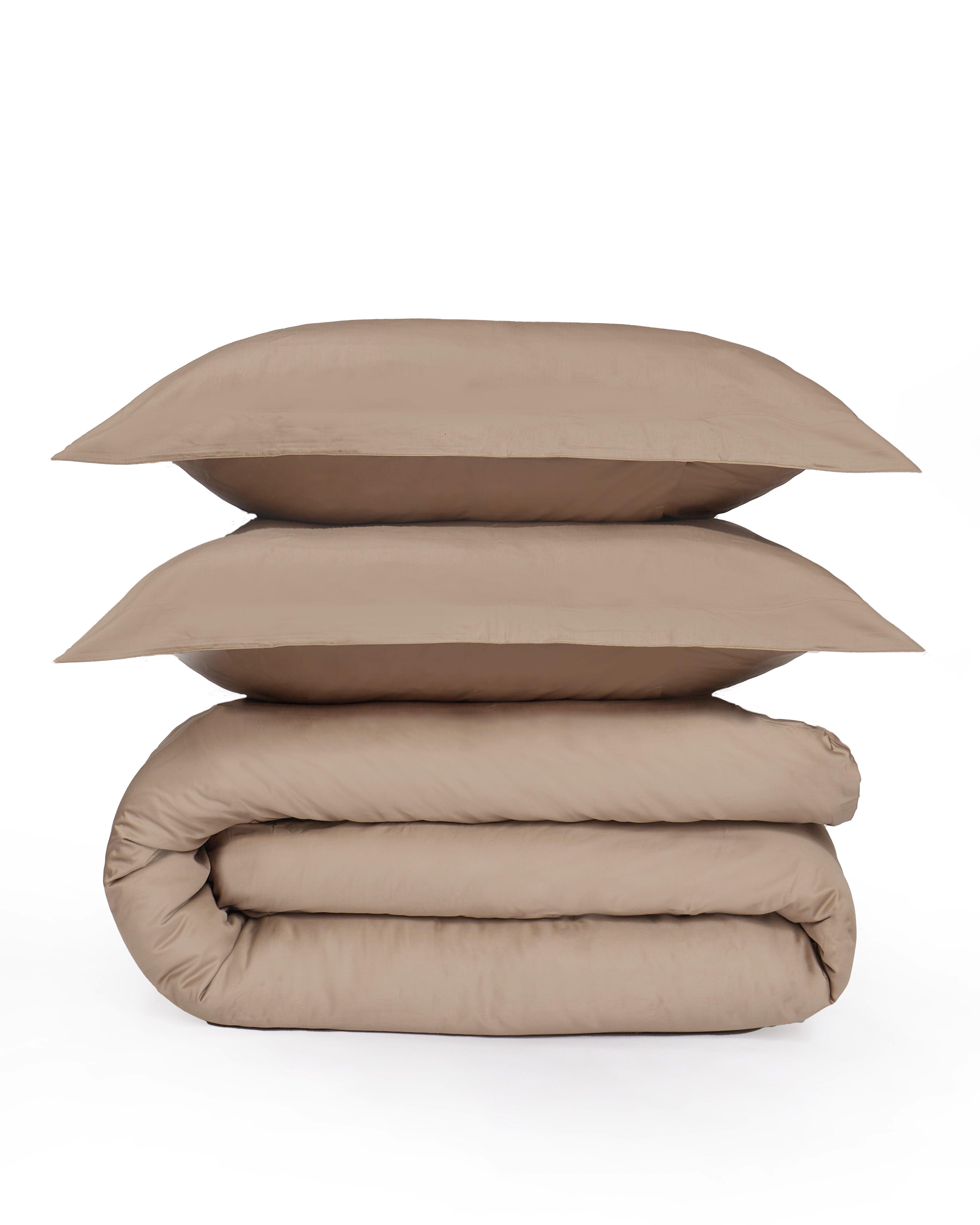 Luxe Duvet Cover Set in taupe, 100% cotton sateen weave, includes duvet cover and pillowcases.
