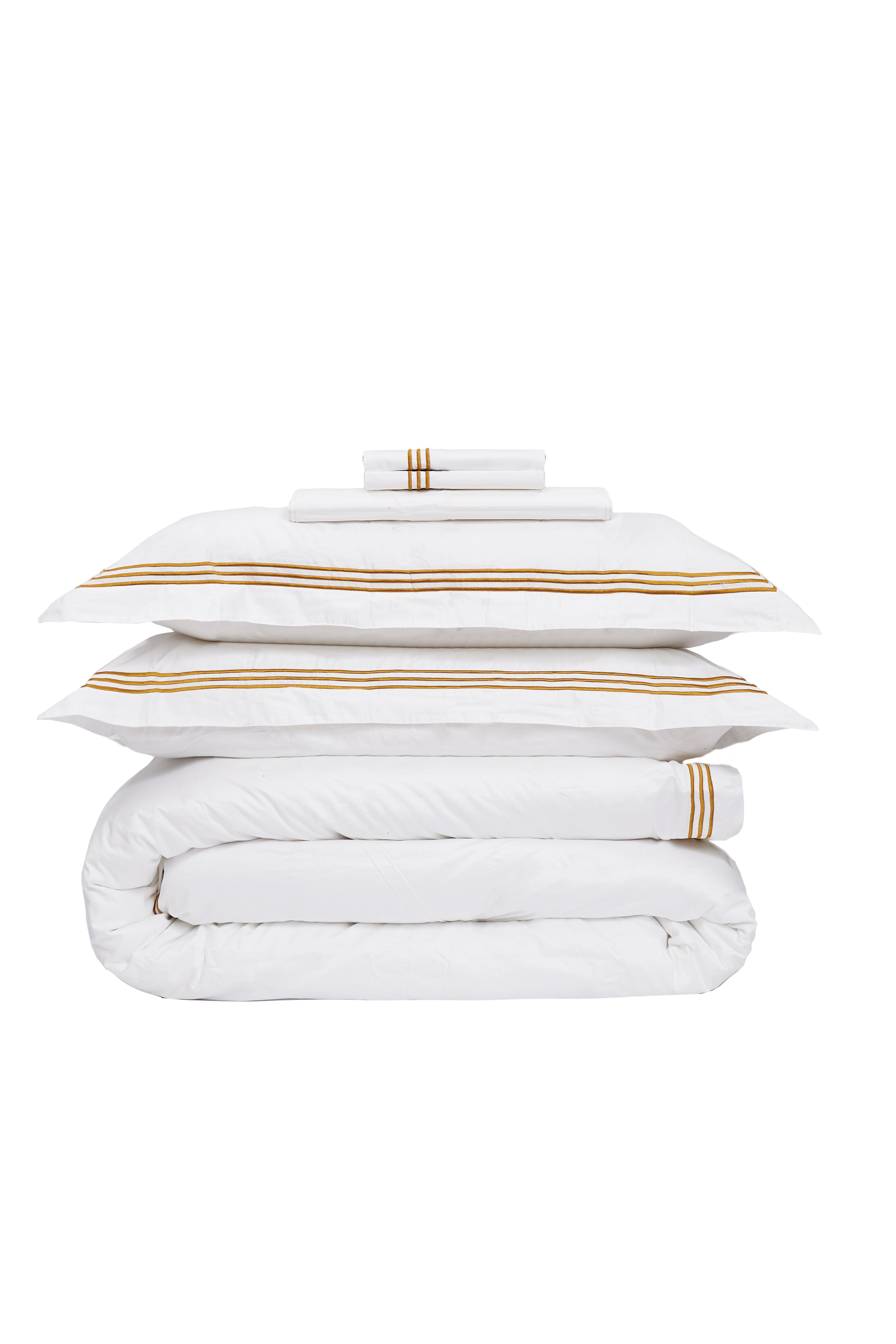 Lanes Luxury White 6pc Set with embroidered duvet cover, pillowcases, and flat sheet.