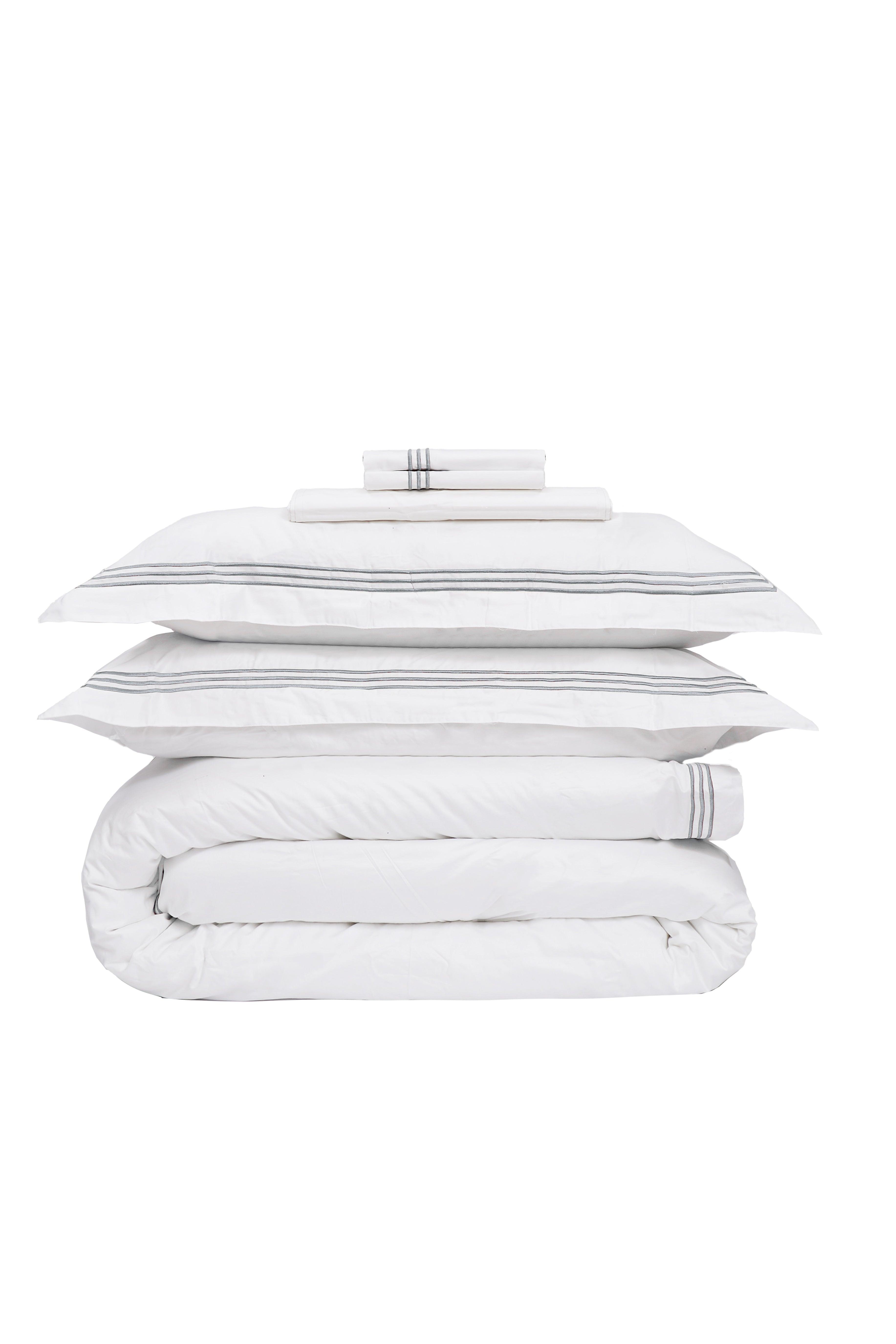 Lanes Luxury White 6pc Set with embroidered duvet cover, pillowcases, and flat sheet.