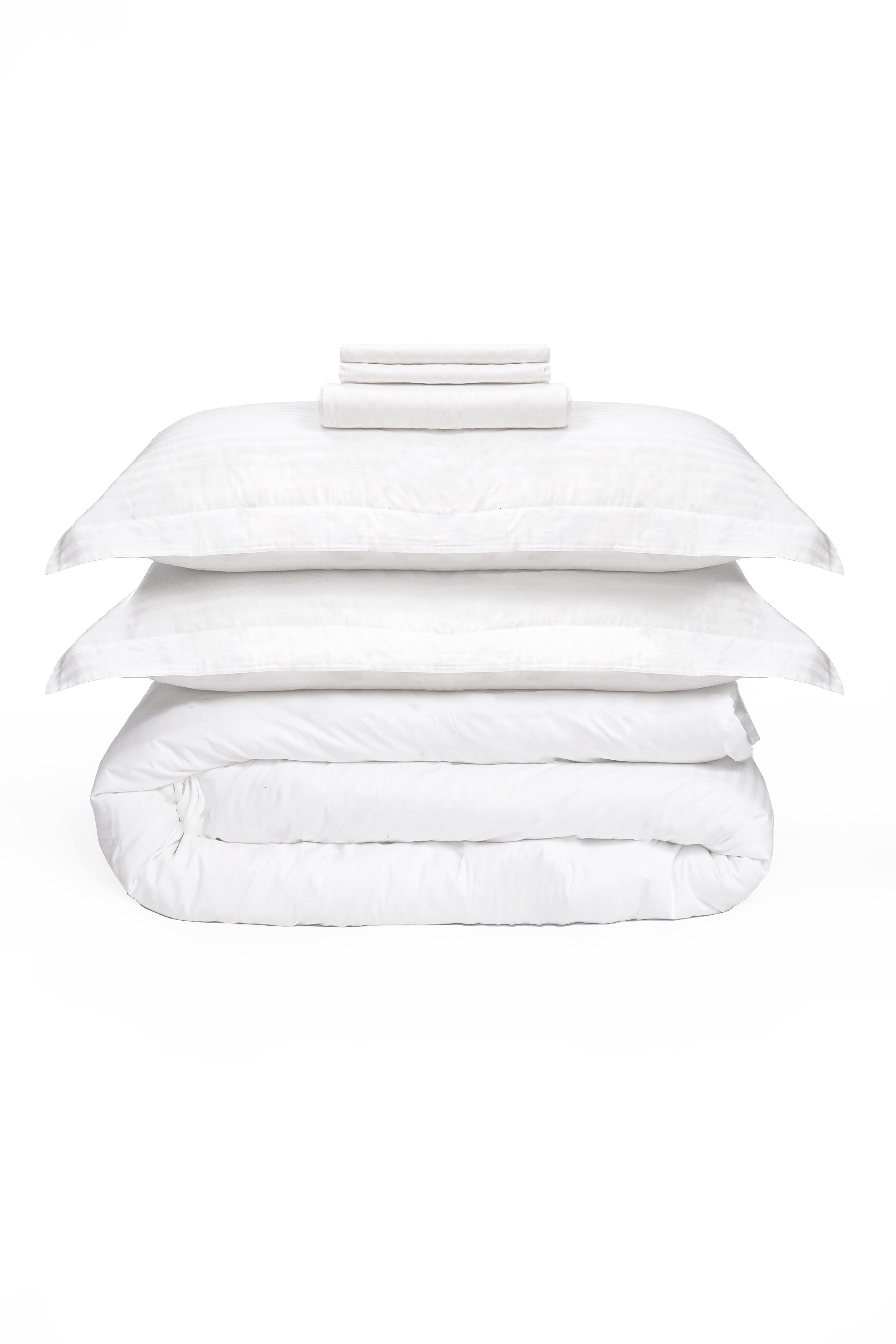 Alexandra 6pc Luxury Bedding Set with striped lines in three premium colors, includes duvet cover, flat sheet, and four pillowcases.