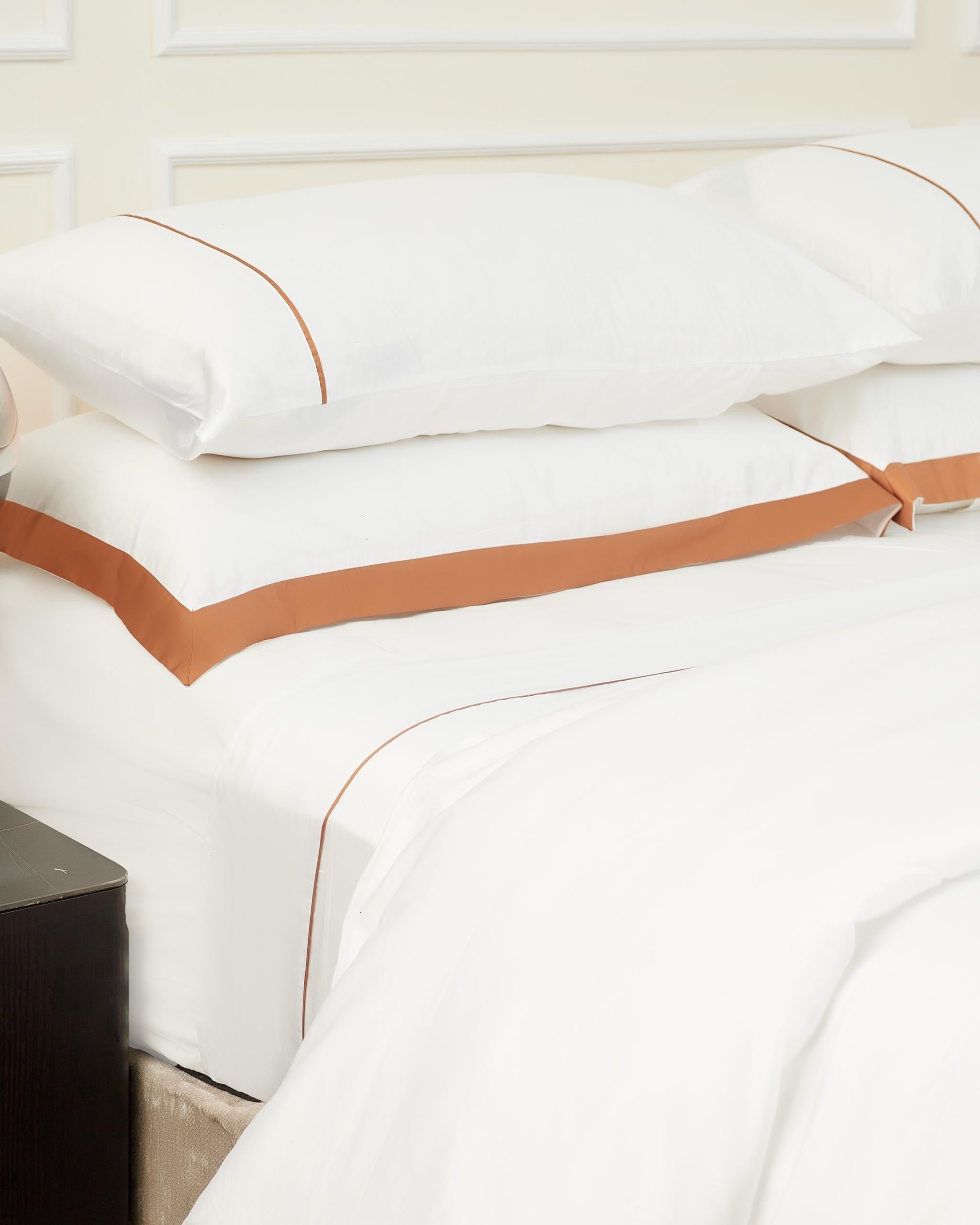 Prestige 6pc Luxury Bedding Set white with brown bordered pillowcases and sheets close-up