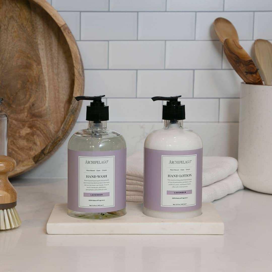 Archipelago Lavender Hand Wash and Lotion Set on countertop.