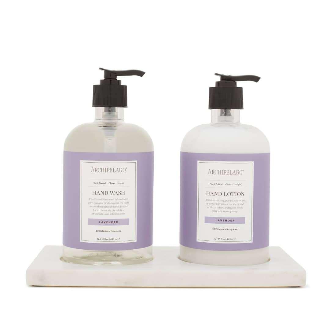Archipelago Lavender Hand Wash and Lotion Set on white counter.