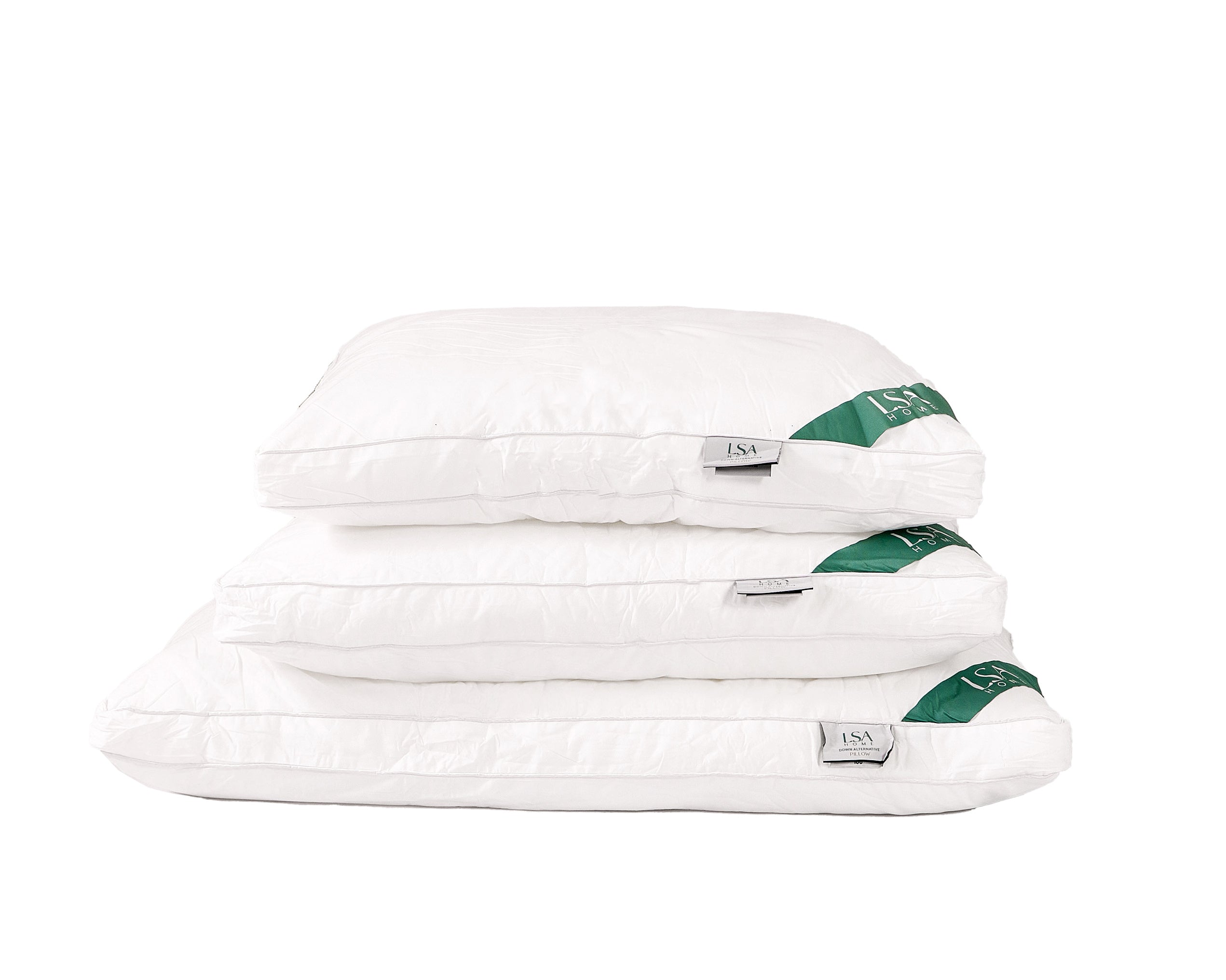 Three stacked down alternative pillows with green accents, soft and hypoallergenic.