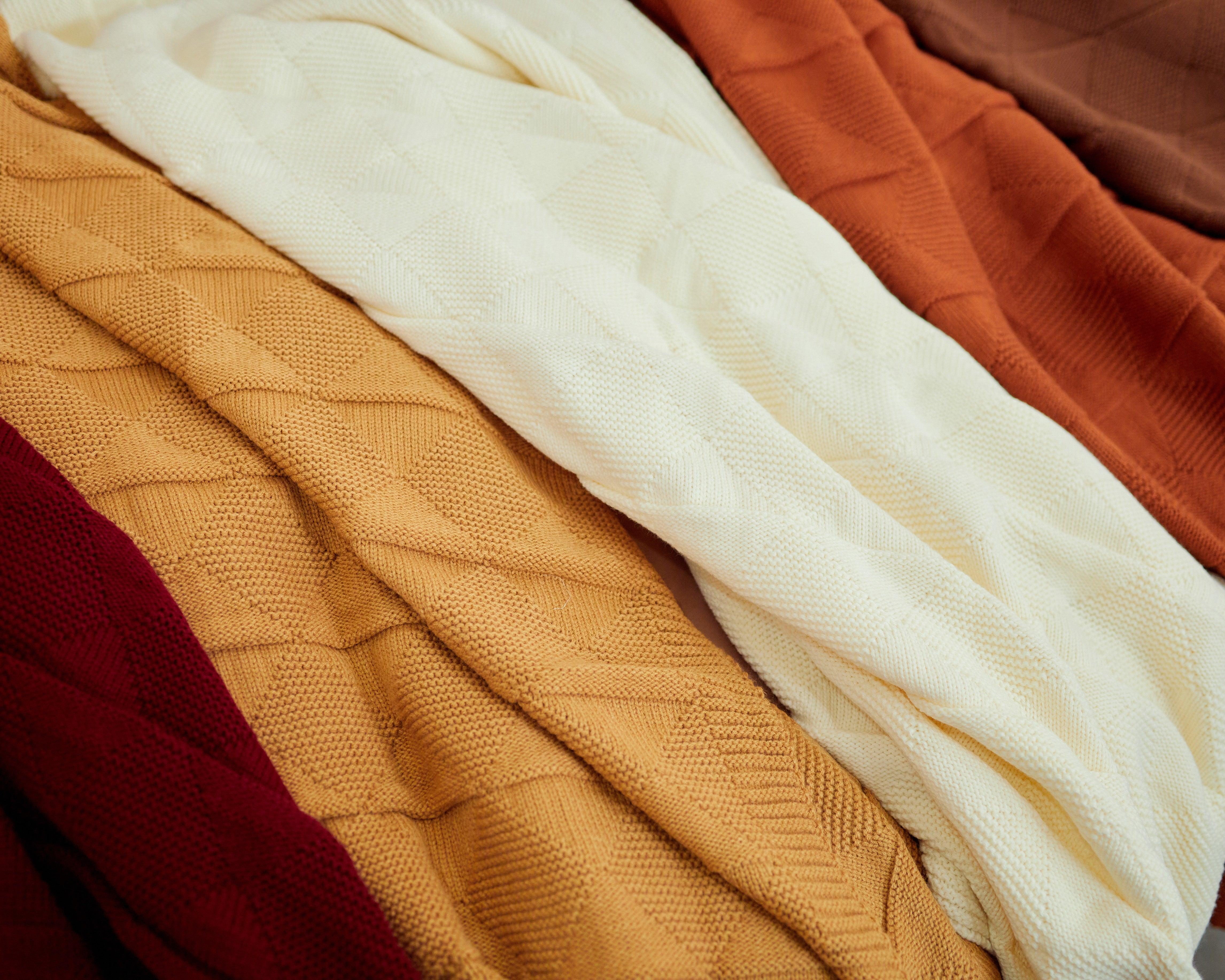 Vidia Throw Blanket soft knitted throw with ruching, links pattern, and 2 inch fringe in multiple colors