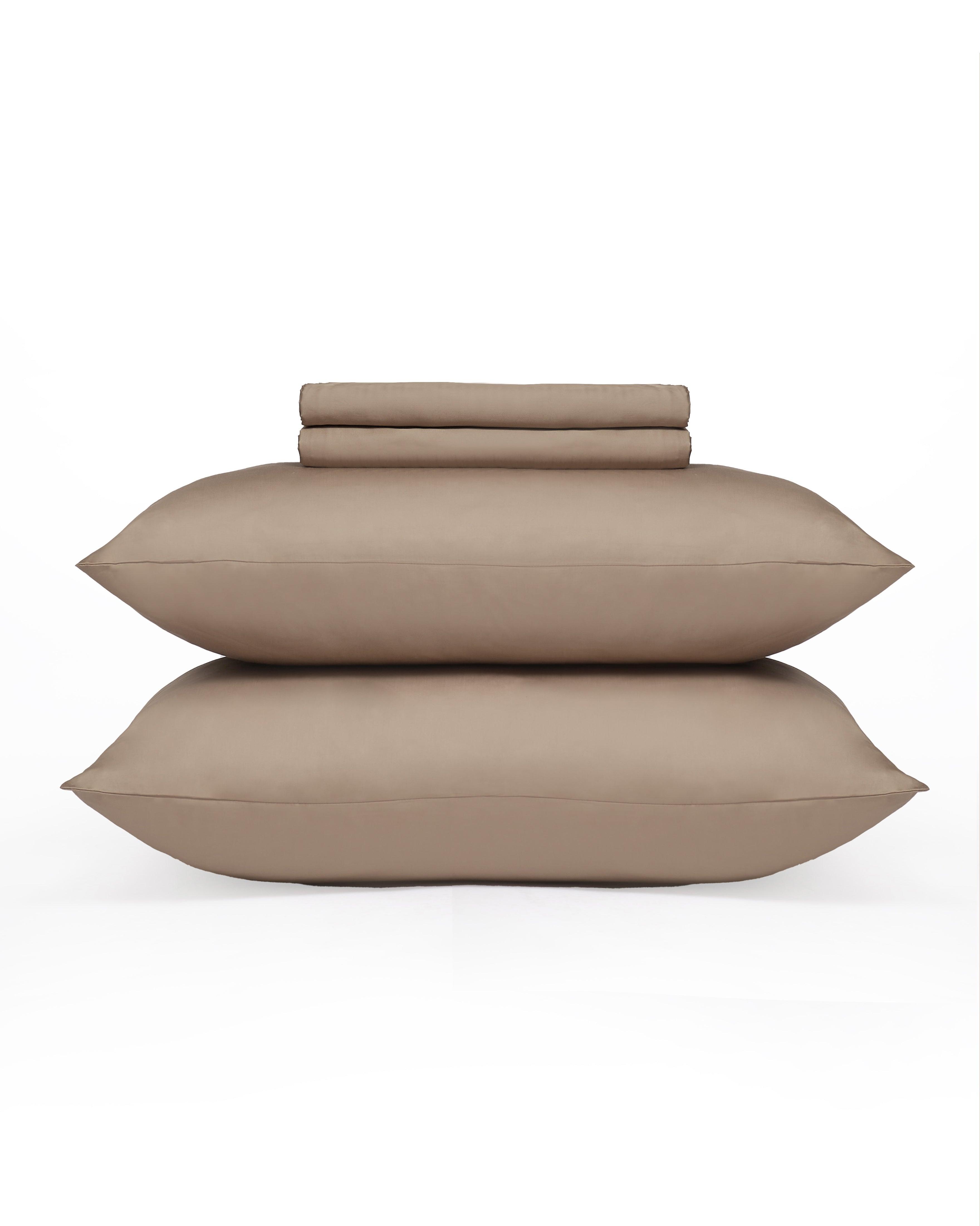 Beige Luxe Sheet Set with fitted sheet, flat sheet, and pillowcases in 100% cotton sateen weave.