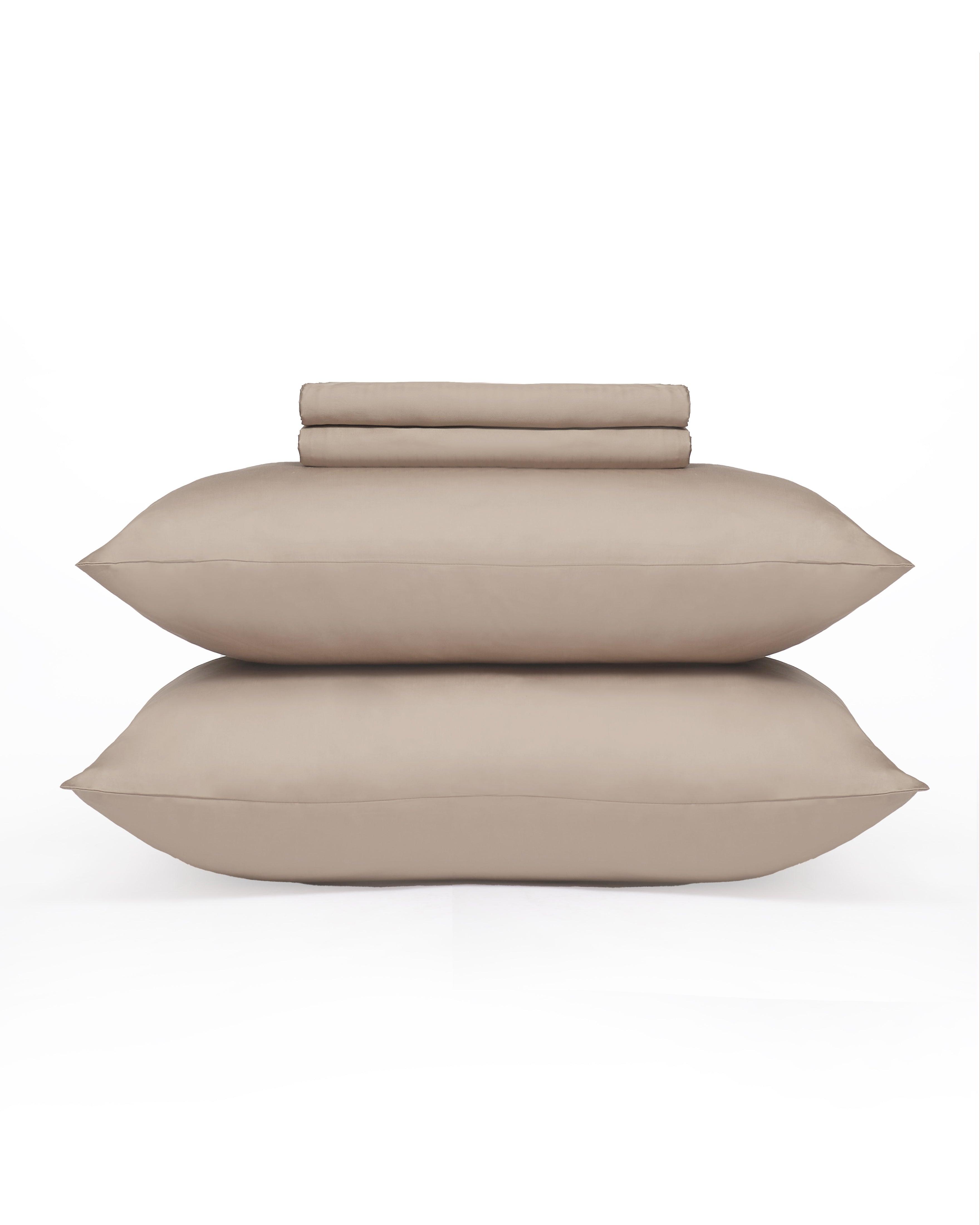 Linen Luxe Sheet Set in solid design, luxuriously crafted 100% cotton, sateen weave, includes fitted sheet, flat sheet, 2 pillowcases.