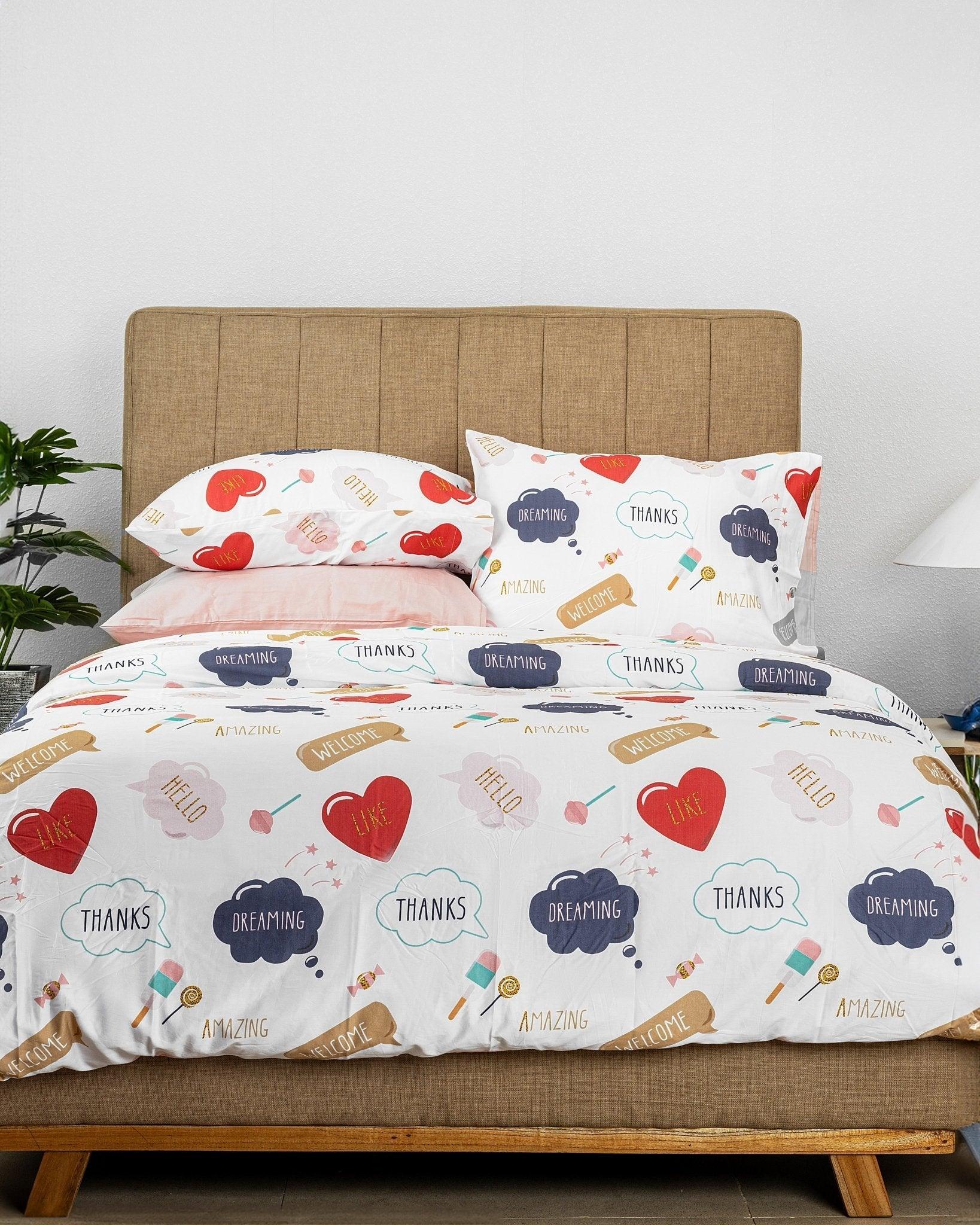 Candy Kids Duvet Cover set with colorful candy and heart patterns on white fabric including duvet cover and pillowcases