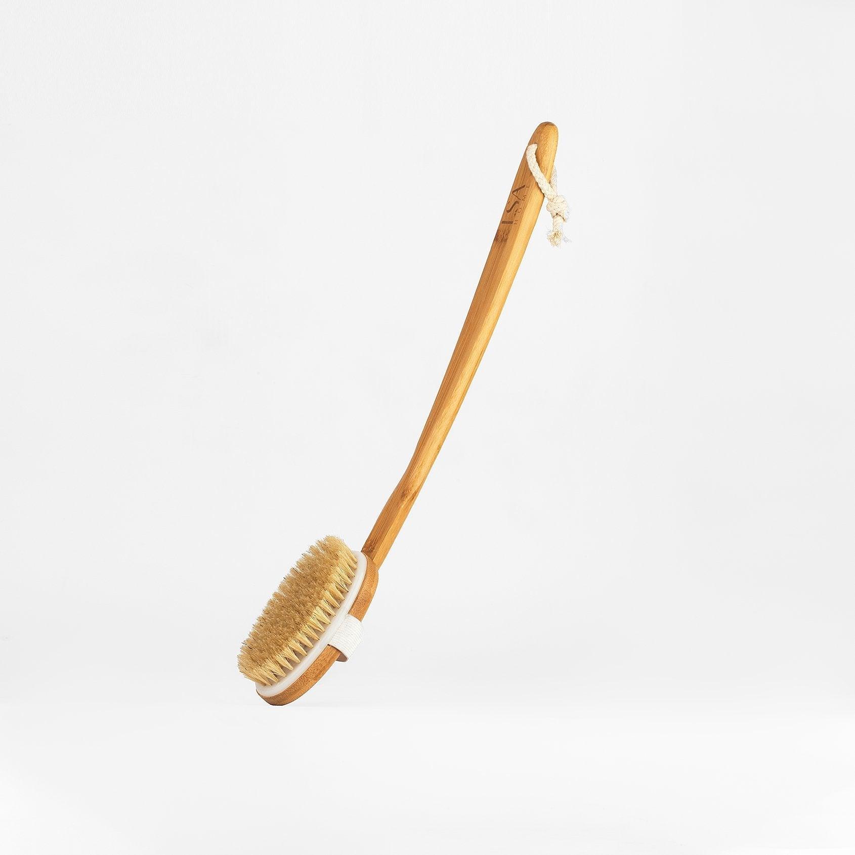 Dry body brush with natural boar bristles, detachable long wooden handle, and hanging hook for exfoliating skin and boosting circulation