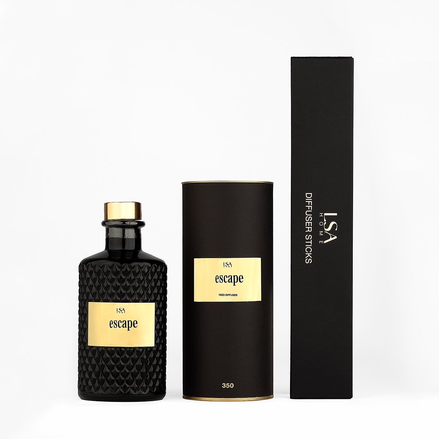 Escape Reed Diffuser with botanical fragrance in elegant black packaging.