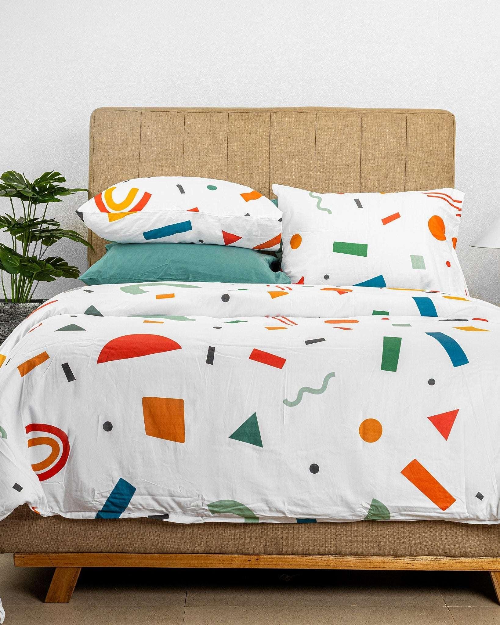 Geo Kids Duvet Cover Set with colorful geometric shapes on white background for kids bedroom decor